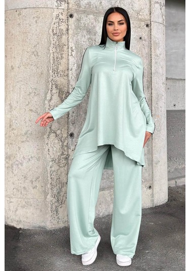 Mint Asimetrik Kesim, Fermuarlı Bluz & Bol Paça Pantolon - Viskon İki İplik Kumaş Alt & Üst Takım Mint