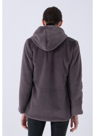 Feminist Gri Fermuarlı Oversize Kapüşonlu Çift Cepli Peluş Mont 0108078.06 Gri