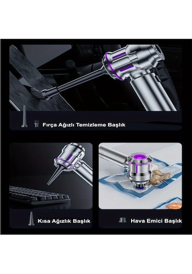 H-8083 20.000pa Kablosuz Oto Araç Süpürgesi Şarjlı 3 Kademeli Profesyonel Ultra Çekim Güçlü Mini Gümüş Gri