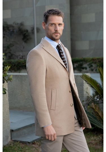 Erkek Bej Yünlü Dynamic Fit Sivri Yaka Kaban 25ks016004653 Bej Bej