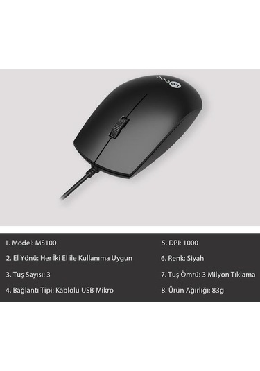Lecoo Ms100 Usb Kablolu 1000dpı 3 Tuşlu Optik Mouse Ms100