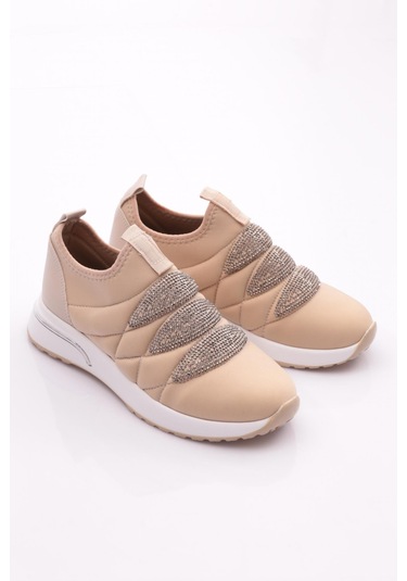 Dgn 222 Kadin Kalin Taban Baklava Desenli Sneaker Ayakkabi 222-2494-R0155 Bej - Beyaz