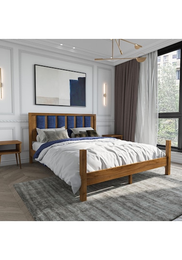 Orion Model Lacivert Renk Puflu Başlıklı Ceviz Renk Çam Ahşap Karyola Ve İki Komodin Set-230 160 x 200 CM