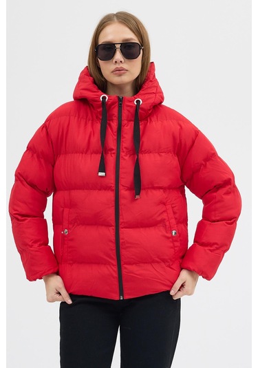 Çift Cepli Fermuarlı Su İtici Kumaş Normal Kesim Dolumlu Şişme Kadın Kırmızı Mont Tbmnt005 Kırmızı