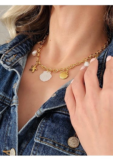 İstiridye Midye Deniz Yıldızı Deniz Atı İnci Model Charmlı Yaz Beach Plaj Tatil Kolye 46cm Gold