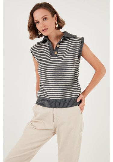 Lela Çizgili V Yaka Triko Bayan Süveter 4616171 Koyu Gri-Krem