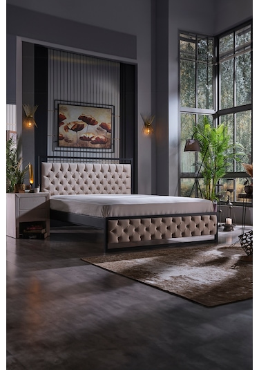 Mithra Çift Kişilik Metal Karyola Krem Ahşap Latalı