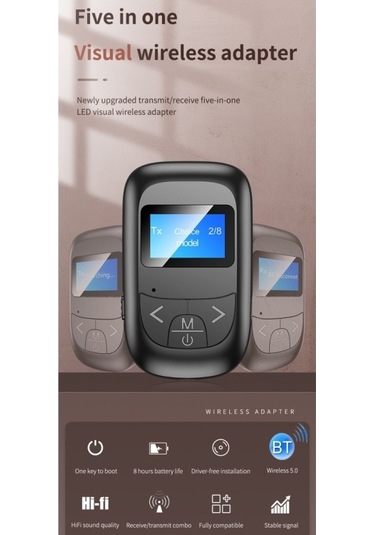 Sones T-14 Bluetooth 5.0 2'si 1 Arada Lcd Dijital Ekran Bluetooth Adaptörü Alıcı Verici Siyah