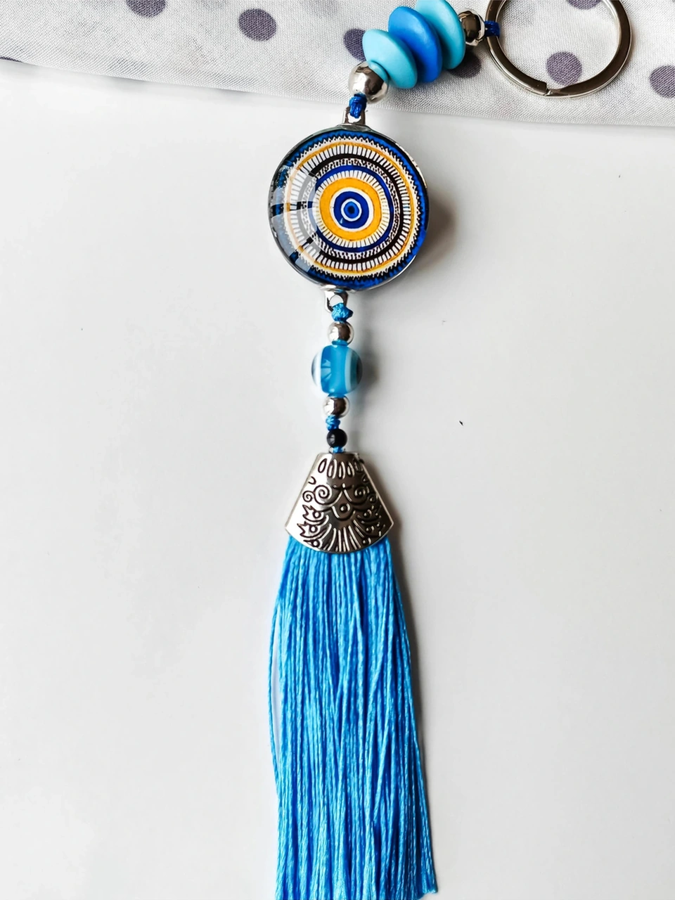 Desenli Cam Boncuklu Mavi Püsküllü Anahtarlık