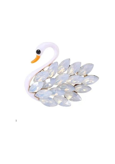 Mekik Taşlı Mineli Kuğu Broş-4.5 Cm Beyaz
