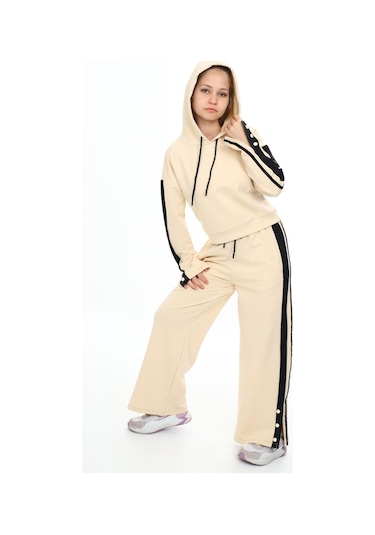 Kız Çocuk %100 Pamuk Kapüşonlu Uzun Kol Oversize Alt&üst Eşofman Takımı-eşt-0020 KREM