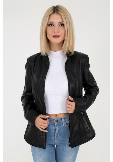 DERİNSS DKA1001 Hakiki Deri Kadın Siyah Mont