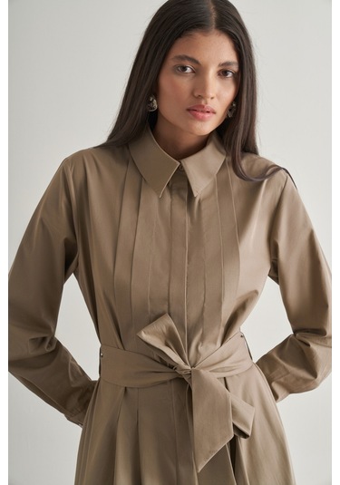 Mizalle Premium Saf Pamuk Mocha Rengi Piliseli Uzun Elbise Çok Renkli