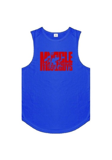 Mavi Muscleguys Spor Moda Tank Top Yaz Spor Salonu Vücut Geliştirme Kolsuz T-shirt Erkek Tranning Yelek Spor Örgü Muscleguys Baskılı Atlet
