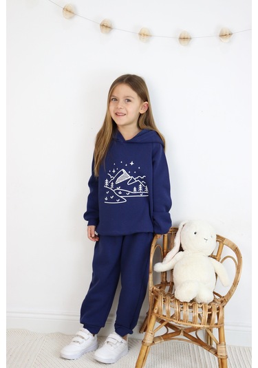 3 İp Baskılı Kapüşonlu Şardonlu İkili Takım Lacivert