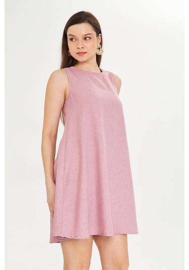 Gül Kurusu Keten Karisimli Yazlık Sifir Kollu Çan Elbise Açık Pembe