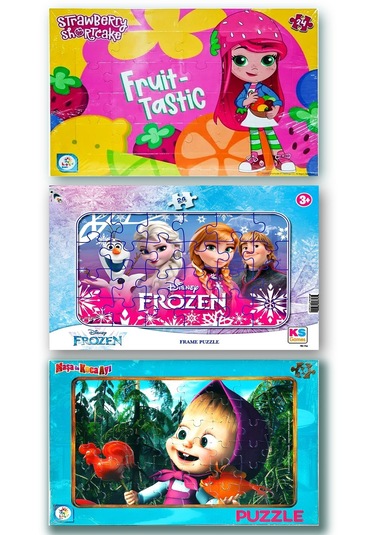 Frozen Elsa, Çilek Kız, Maşa Ile Koca Ayı 3 Lü Frame Puzzle Set