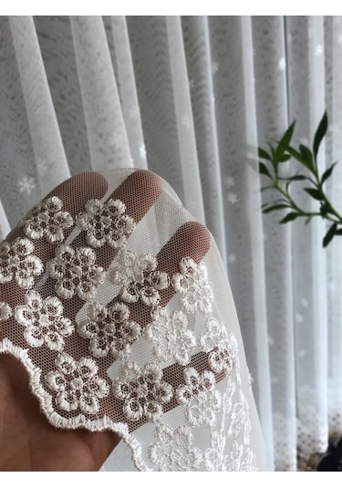 Tül Perde Papatya Serpmeli Grek Sedef Sim Işlemeli Brode B13787 Ekru