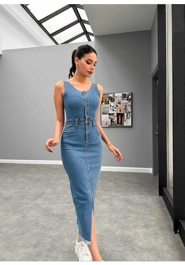 Mavi Likralı Kot Jile Elbise Mavi