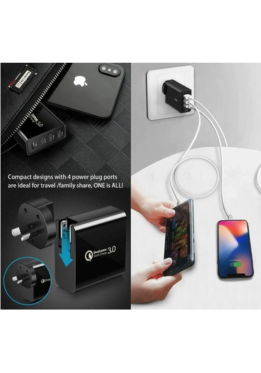 Yunboo 48w 4 Port Çoklu Şarj Aleti - 30w Pd Usb-c Ve Quick Charge 3.0 - 100-240v - Abd+ab+eu+av Dönüştürücü - Beyaz