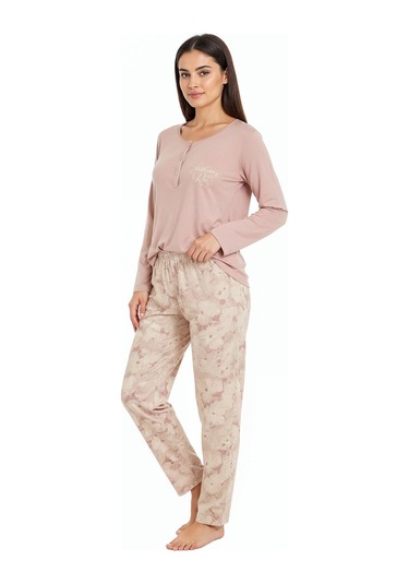Üstü Yazılı Altı Çiçek Desenli Elite Viscose Uzun Pijama Takımı Pudra 3564 Pembe