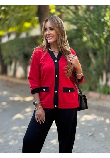 Kadın Uzun Kollu Ribanali Cep Detay Hırka Ve Bol Paça Pantolon Ikili Takım Çok Renkli