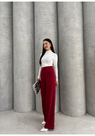 Kadın Likralı Cırt Kapama Lacivert Geniş Paçalı Rahat Palazzo Pantolon Bordo