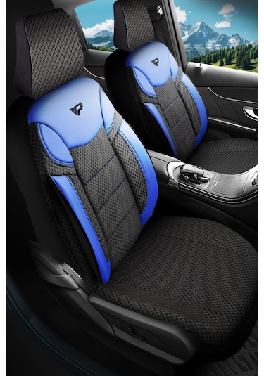 Siyah - Mavi Garni Panda Dragon Serisi Dokuma Kumaş Oto Koltuk Kılıfı - Tam Set