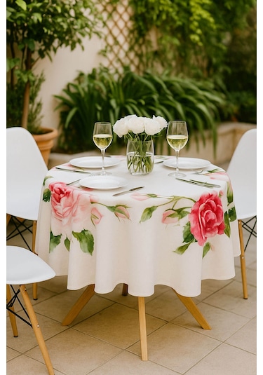 Yuvarlak Gül Desenli Duck Kumaş Masa Örtüsü 150x150 Cm Çok Renkli