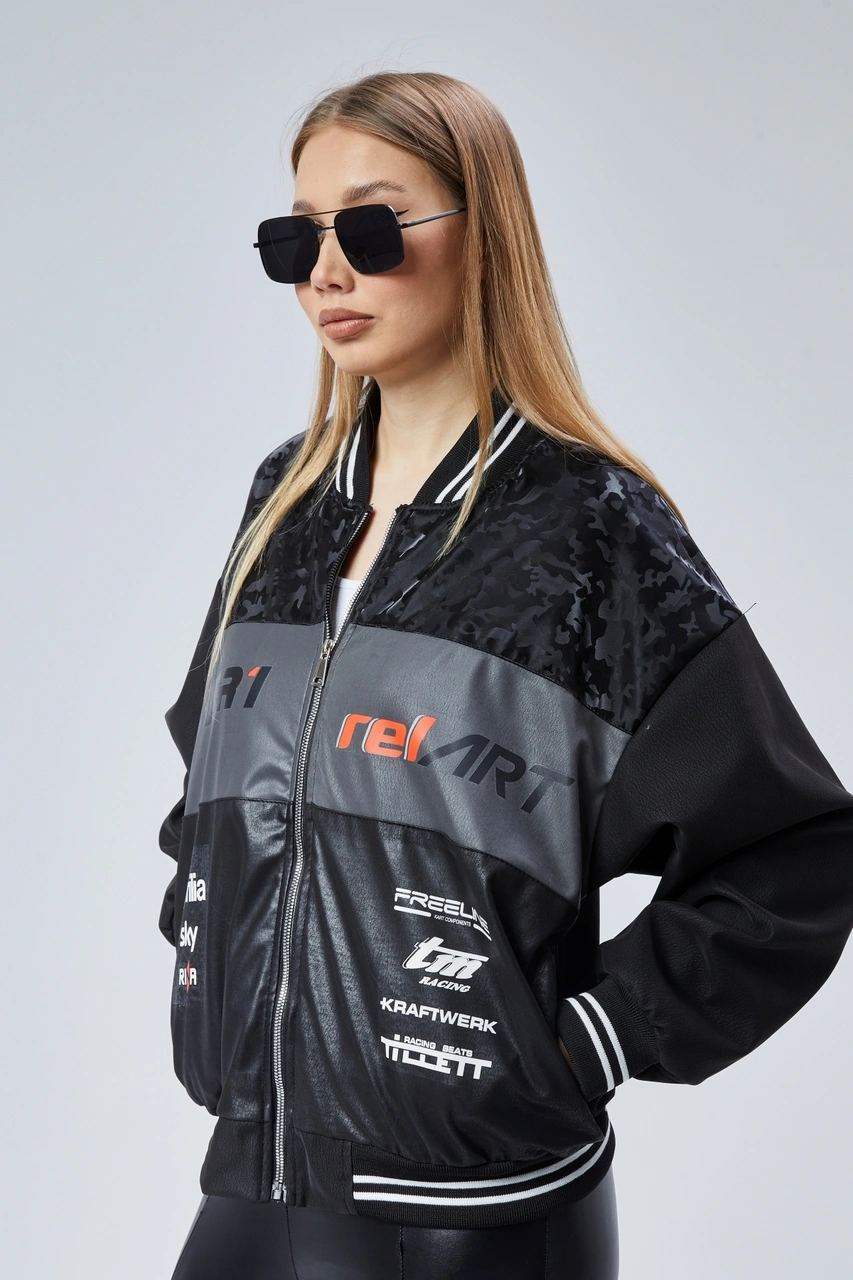 Kadın Oversize Baskılı Motorcu Yarışçı Montu Kolej Ceketi Kamuflaj