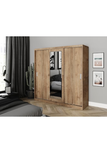 Kznhome 3 Kapaklı Sürgülü Aynalı Gardrop Elbise Dolabı - Tamamı Meşe Mdf