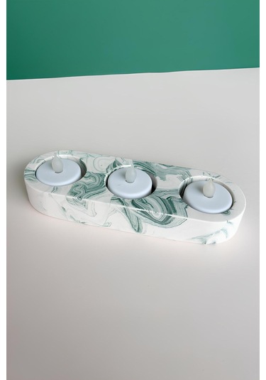 El Yapımı Yeşil Mermer Desenli 3 Gözlü Beton Tealight Mumluk Minimal Dekoratif Şamdan Yeşil