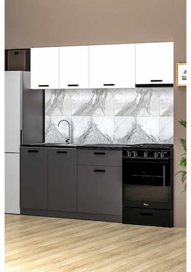 Antino 200 Cm Mutfak Dolabı, Hazır Mutfak Dolabı Tezgah + Çelik Evye Dahil Siyah