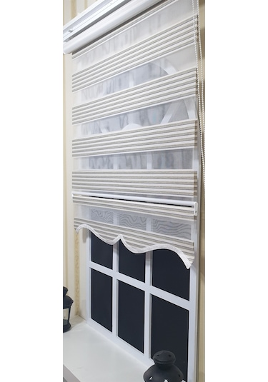 Storburada Zebra Stor Perde Mavi Çizgili Etek Dilimli St 011 Ekru