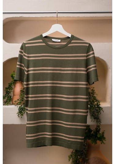 San&fa Bisiklet Yaka Çizgili Rayon Kumaş Slimfit T-shirt Yeşil