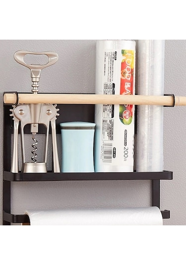 Cbtx Demir + Ahşap Manyetik Buzdolabı Depolama Rafı Mutfak Aletleri Asılı Depolama Rafı - Siyah