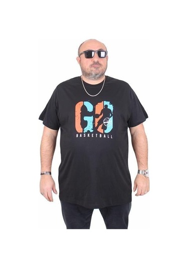 Starbattal Erkek Büyük Beden Sıfır Yaka Tişört Lets Go 25161 Sıyah Siyah