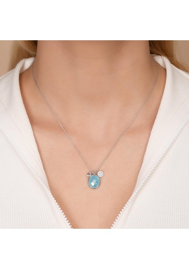 Zirkon Taşlı Pırlanta Montür Gümüş Rengi Kaplama Ortası Turkuaz Taşlı Desenli Oval Gümüş Kolye Gold - Rose Gold - Gümüş