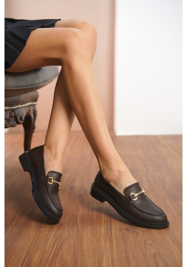 Garantili Horse Kadın Zincirli Loafer Günlük Ayakkabı Kahverengi