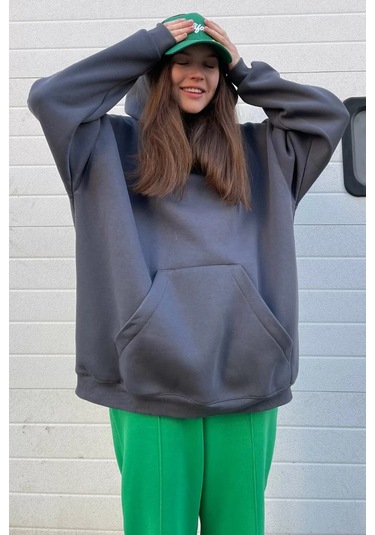 Madmext Füme Kapüşonlu Şardonlu Oversize Sweatshirt Mg1566 Füme