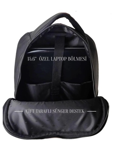 Deri Suya Dayanıklı Siyah 15.6'' İnç Laptop Sırt Çantası Siyah