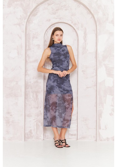 Kadın Antrasit Dik Yaka Kolsuz Tül Elbise Dm1042 Antrasit