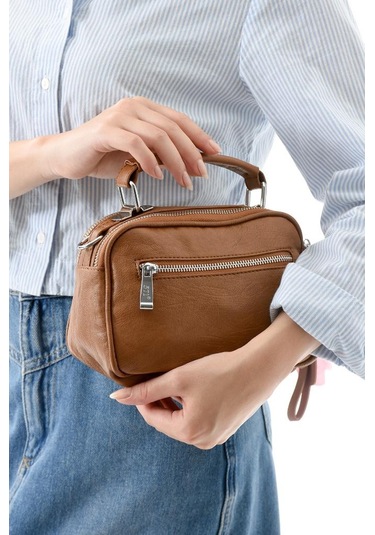 Vegan Deri Kadın Postacı Çanta 21 15 Cm Yıkama Suni Deri Omuz Çantası Çapraz Askılı Çanta Taba