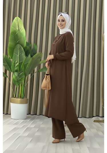 Tesettür İkili Takım Uzun Tunik Bol Paça Pantolon 4006-kahve Kahverengi