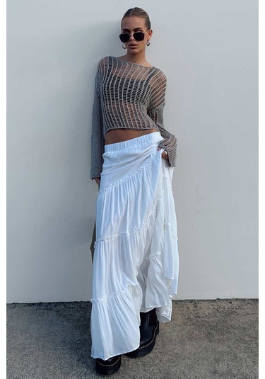 Madmext Beyaz Basic Pileli Kadın Uzun Etek-beyaz Beyaz