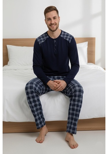 Erkek İnterlok Rahat Kalıp Sıfır Yaka Pamuk Pijama Takımı 6779 Lacivert