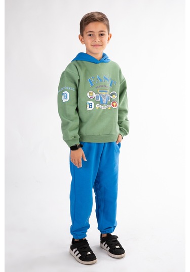 Erkek Çocuk Baskılı Kapşonlu Eşofman Takımı Yeşil