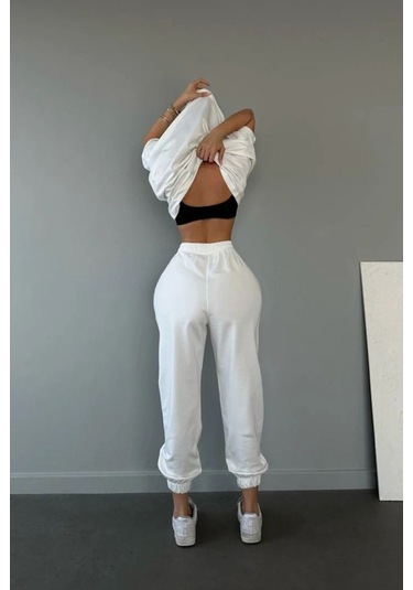 Basic T-shirt Eşofman Altı Jogger - Beyaz Düz Alt Üst Eşofman Takımı Oversize Bisiklet Yaka Beyaz
