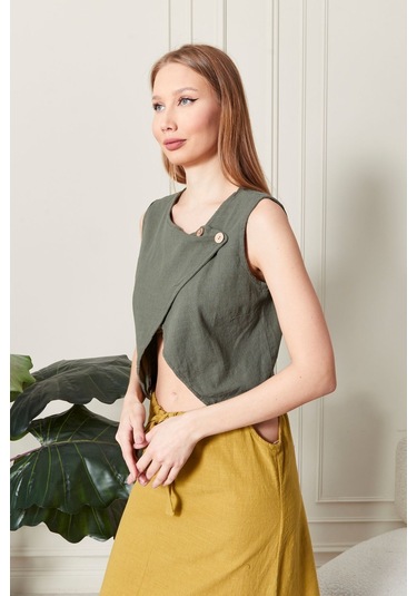 Şık Farklı Tarz Asi Keten Bluz - Modern Ve Cesur Tasarım Haki