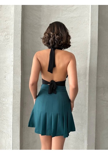 Pileli Düğmeli Etek Yeşil S24811 Yeşil